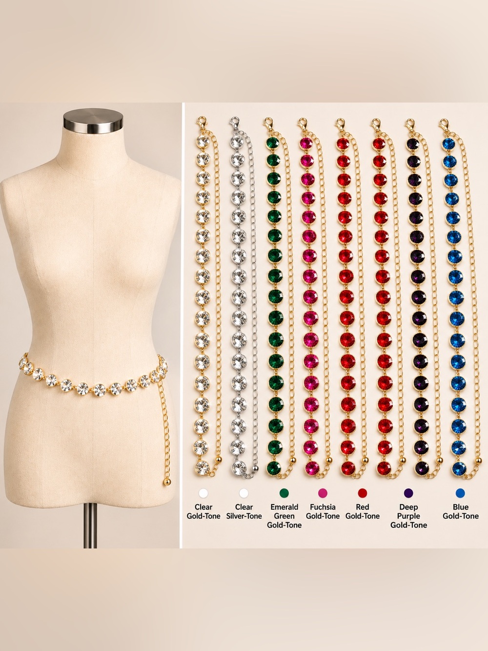 Rhinestone Crystal Chain Belt 45” Adjustable Statement Belt
